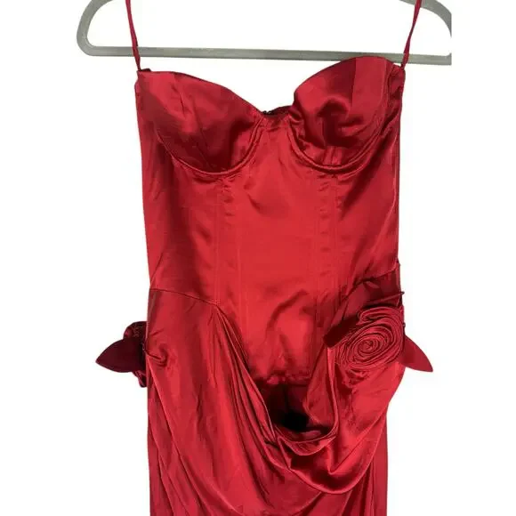 LPA Ilaria Corset Midi Dress Strapless Rosette Formal Party Elegant Red Size S